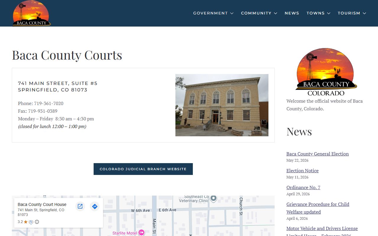 Baca County courts page showing courthouse contact information