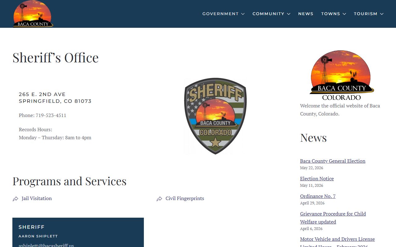 Baca County Sheriff's Office official page with address, phone, records hours, sheriff, and programs