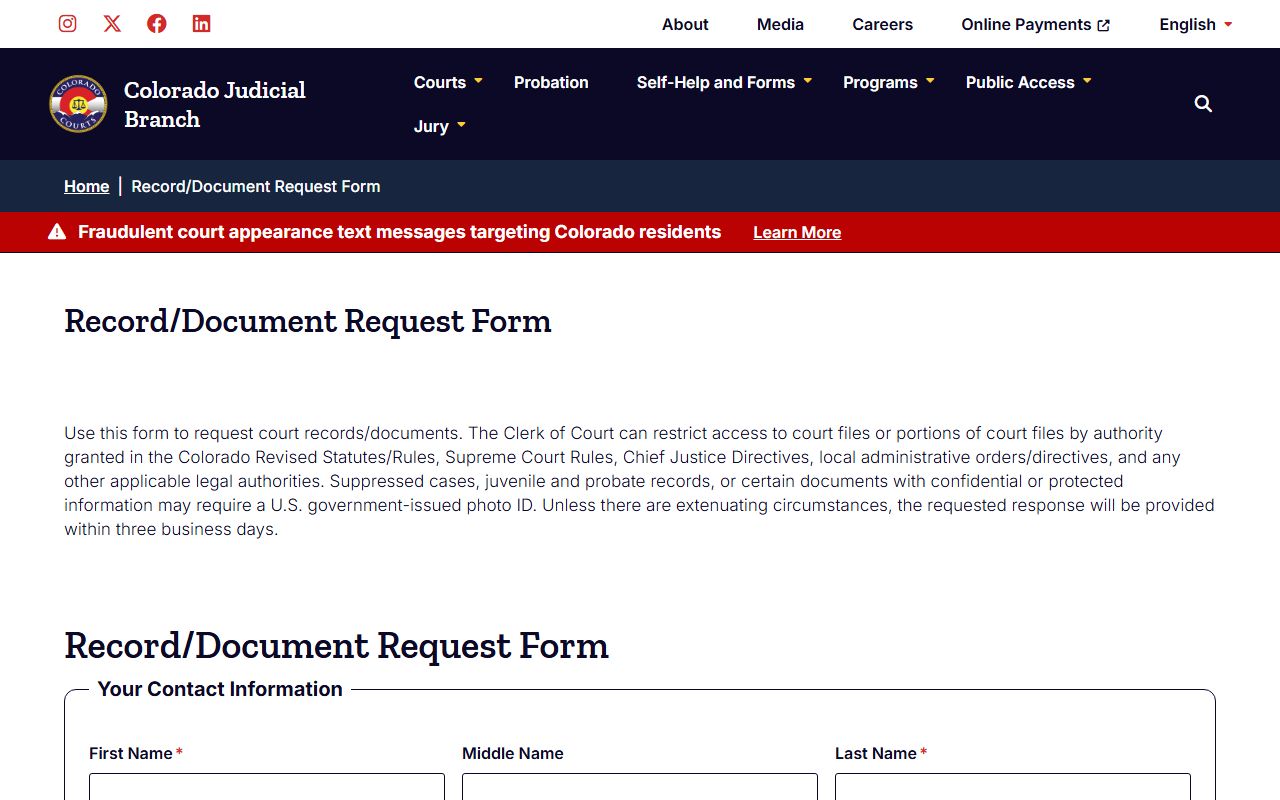 Colorado Judicial Branch court record and document request form