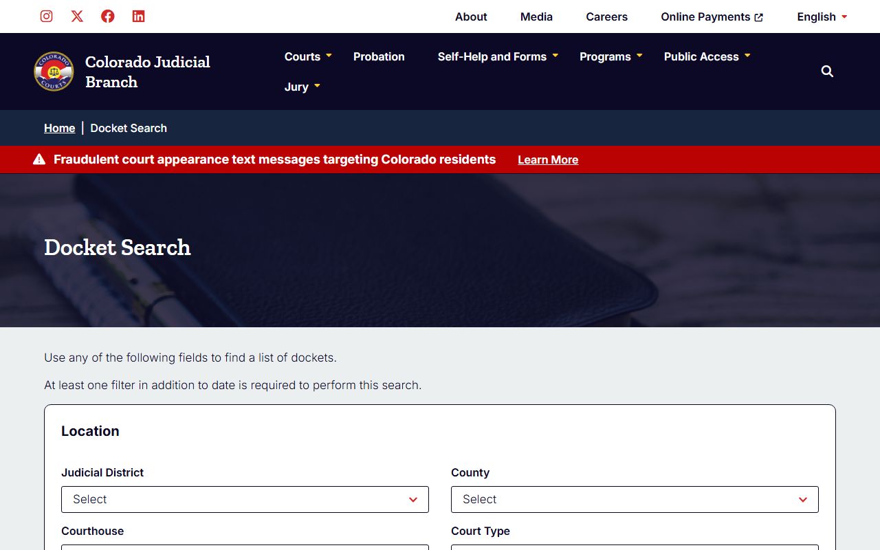 Colorado Judicial Branch docket search form with county and case filters